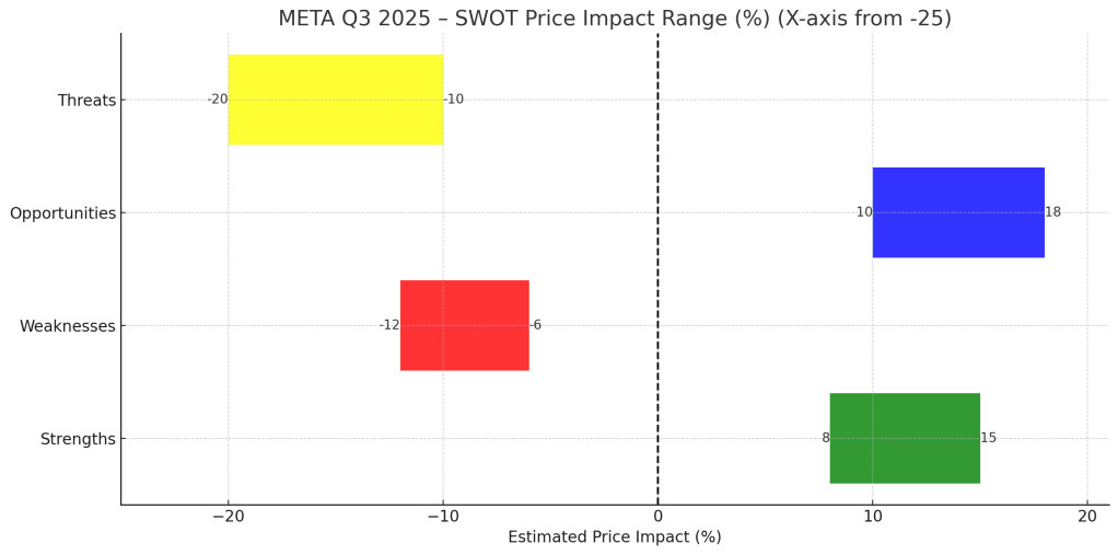 META Q3 2025 SWOT analysis chart showing estimated stock price impact ranges for strengths, weaknesses, opportunities, and threats from –20% to +18%.