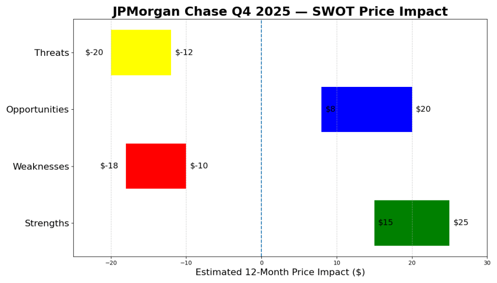 Horizontal bar chart showing JPMorgan Chase Q4 2025 SWOT price impacts over the next 12 months. Strengths add approximately $15–25, Opportunities add $8–20, while Weaknesses subtract $10–18 and Threats subtract $12–20, highlighting the balance between fortress fundamentals and regulatory risk.