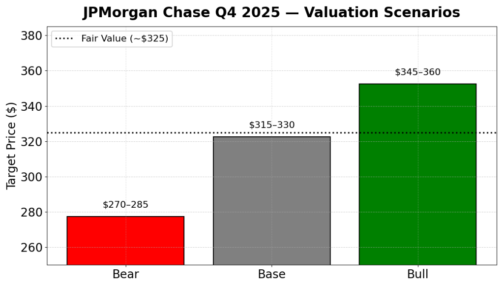 Valuation scenarios chart for JPMorgan Chase Q4 2025 showing Bear case at $270–285, Base case at $315–330, and Bull case at $345–360, with a dashed fair-value line around $325 reflecting the market-implied structural valuation regime.