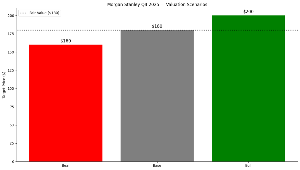 Valuation scenarios chart for Morgan Stanley Q4 2025 with three bars showing bear case at $160, base case at $180, and bull case at $200, alongside a dotted fair value line at $180.