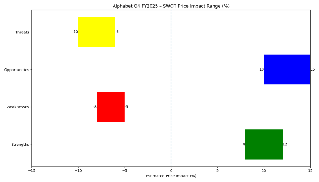 Alphabet Q4 FY2025 SWOT analysis showing estimated price impact ranges for strengths, weaknesses, opportunities, and threats