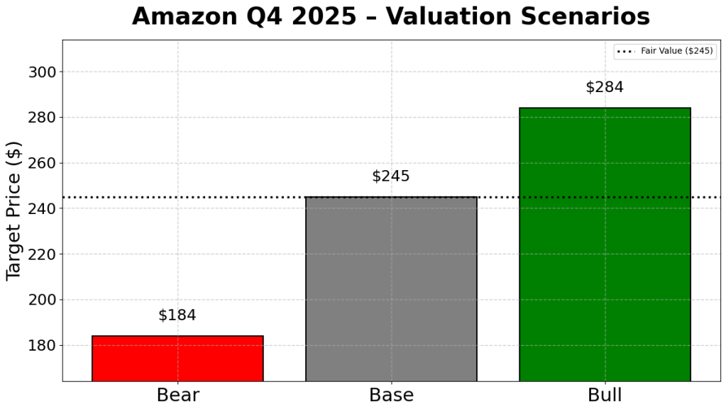 Valuation scenarios chart for Amazon Q4 2025 showing bear, base, and bull target prices with a probability-weighted fair value line.