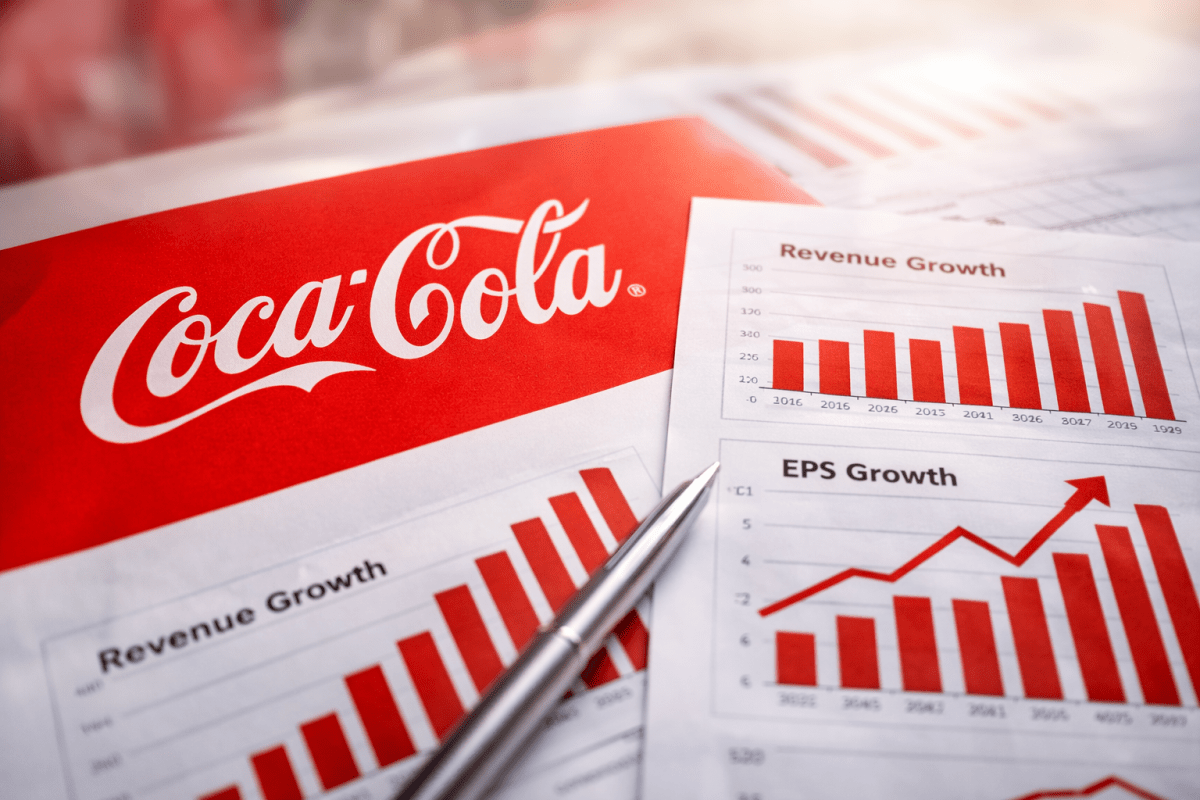 Featured image for Coca-Cola (KO) Q4 2025 earnings report showing the Coca-Cola logo alongside revenue and EPS growth charts in red and white brand colors.