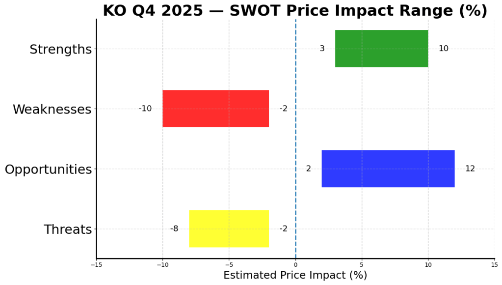 SWOT price impact range chart for Coca-Cola (KO) Q4 2025 earnings showing estimated stock price impact ranges: Strengths +3% to +10%, Weaknesses -10% to -2%, Opportunities +2% to +12%, and Threats -8% to -2%, with X-axis starting at -15%.