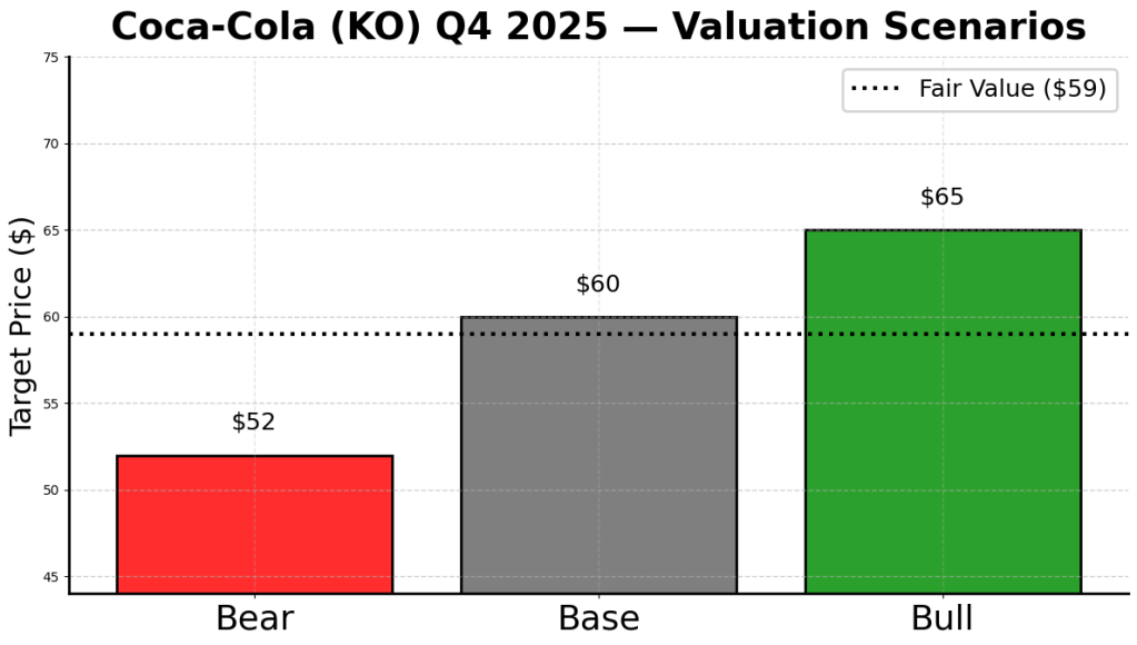 Valuation scenarios chart for Coca-Cola (KO) Q4 2025 showing Bear case target price of $52, Base case $60, and Bull case $65, with a dotted fair value line at $59.