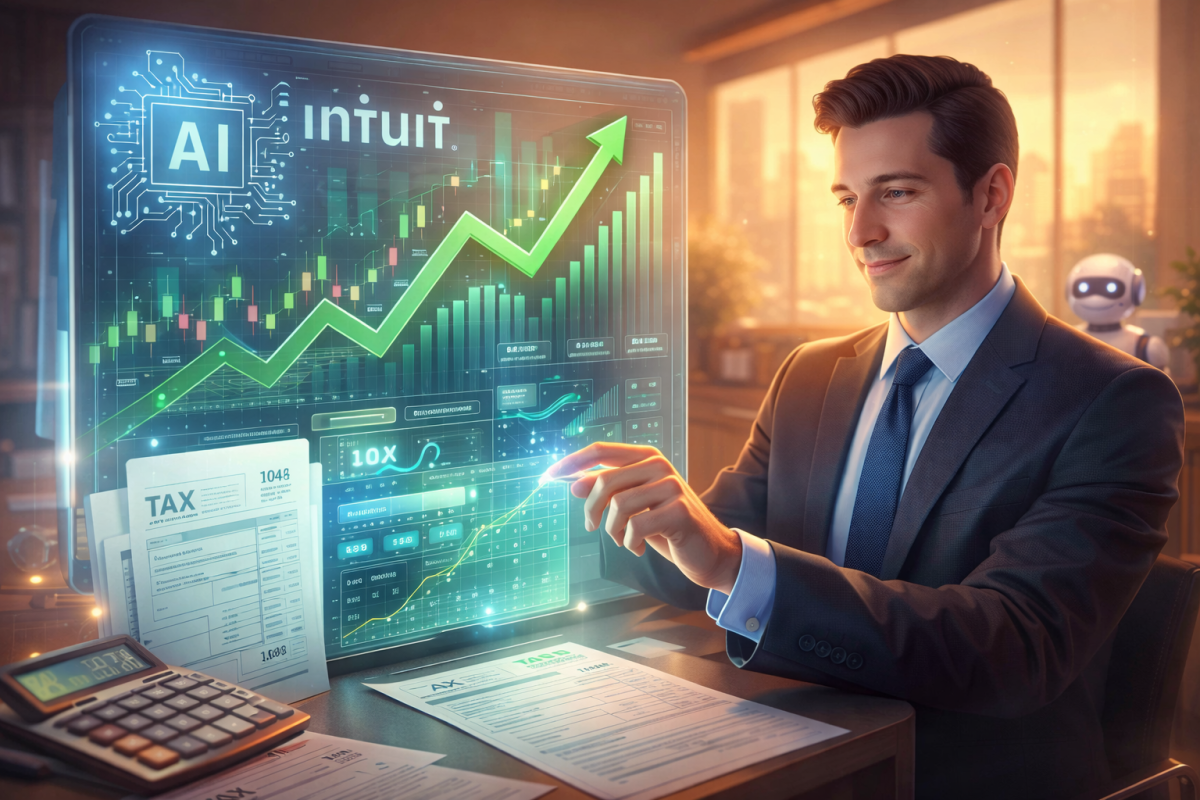 Business professional analyzing tax data on a digital interface powered by AI, with financial charts and growth indicators illustrating how artificial intelligence may enhance Intuit’s tax software platform.