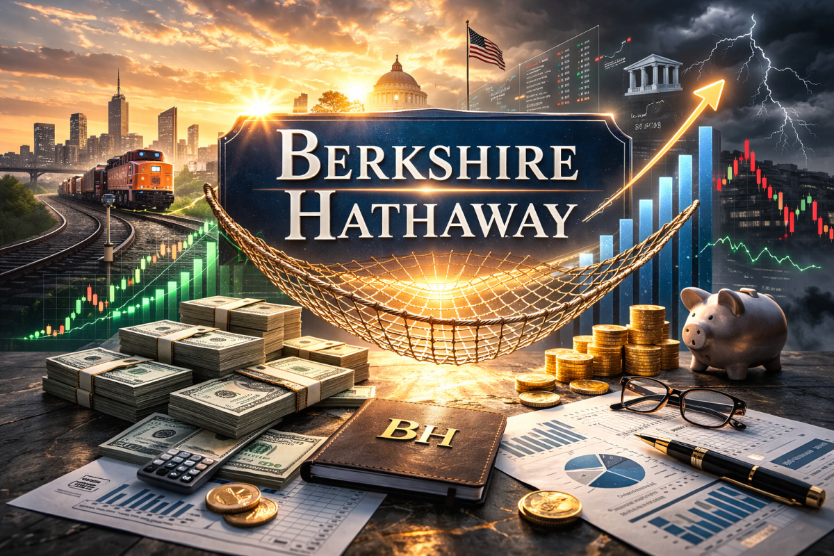 High-resolution illustration of Berkshire Hathaway logo centered with cash stacks, stock market charts, and a safety net symbolizing margin of safety, long-term compounding, and disciplined capital allocation.