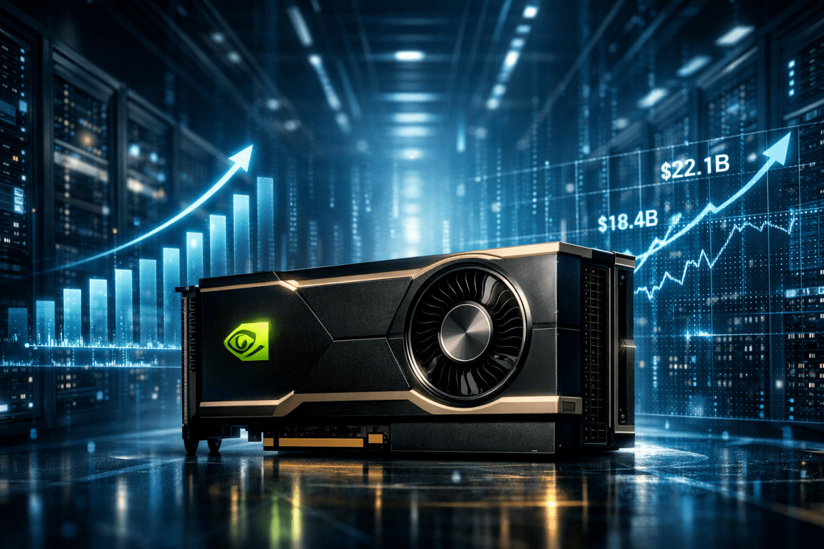 NVIDIA GPU in a futuristic data center with digital revenue growth charts, symbolizing AI dominance in Q4 FY2026 earnings results.