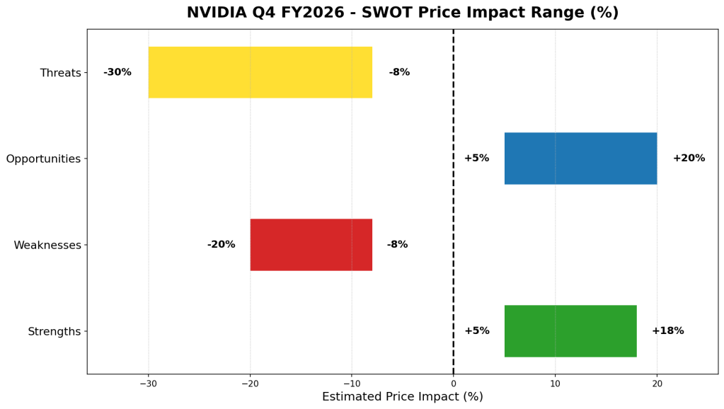 NVIDIA Q4 FY2026 SWOT price impact range chart showing Strengths (+5% to +18%), Weaknesses (-20% to -8%), Opportunities (+5% to +20%), and Threats (-30% to -8%) with a zero reference line.
