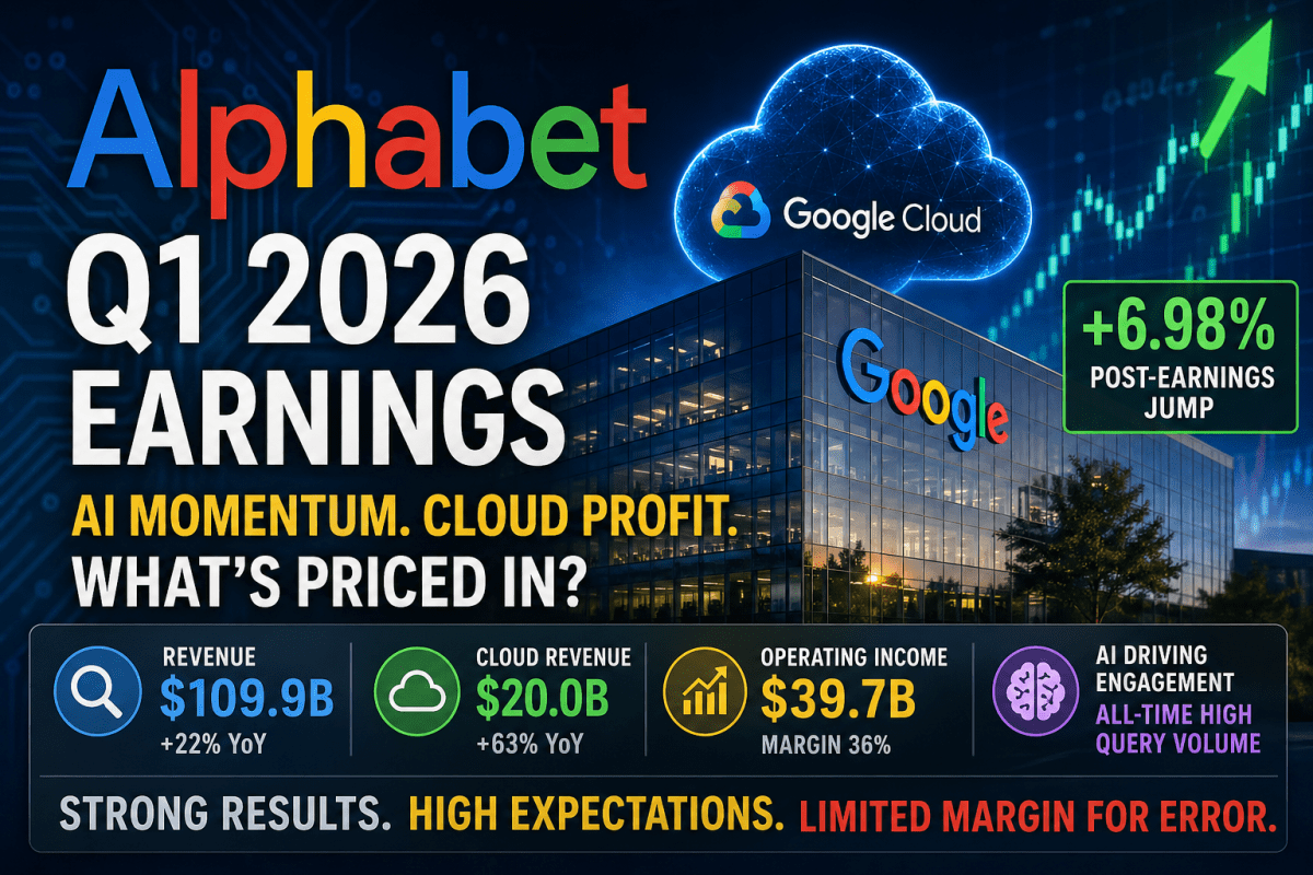 Alphabet Q1 2026 earnings feature image showing AI momentum, Google Cloud profit growth, revenue of $109.9B, and stock price jump after earnings