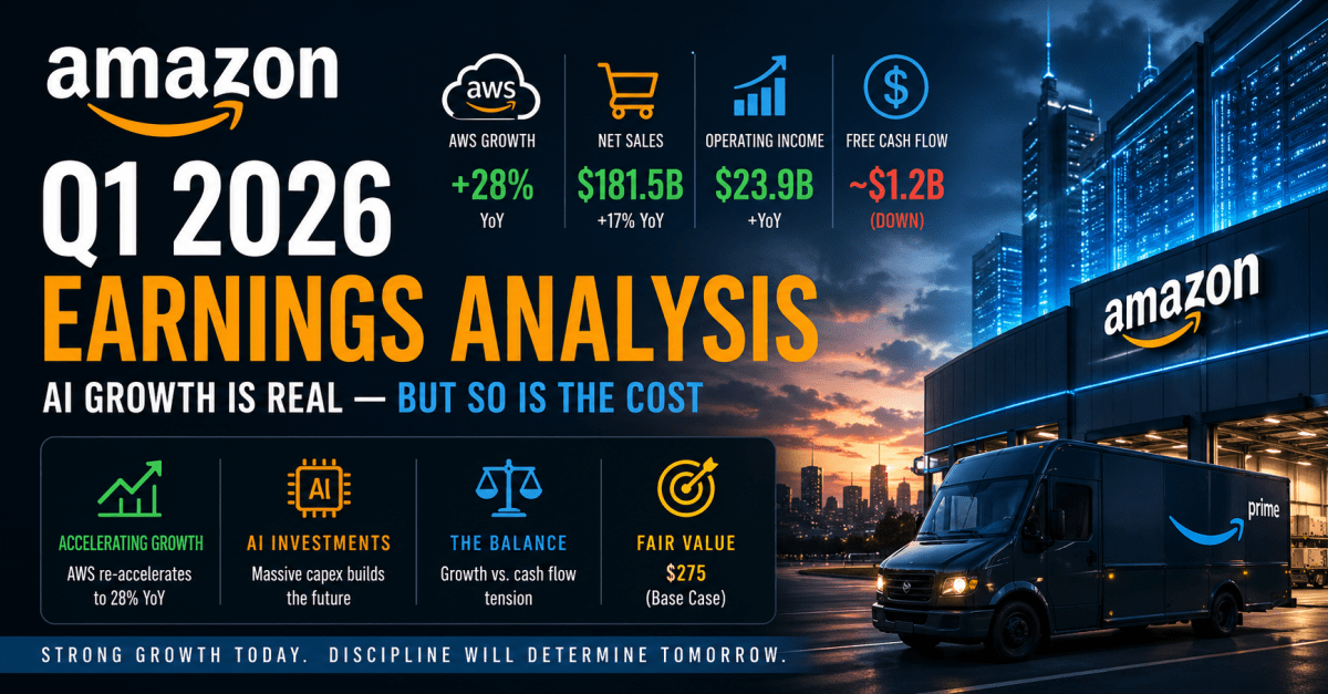 Amazon Q1 2026 earnings analysis showing AWS growth, revenue, operating income, and free cash flow impact from AI investments