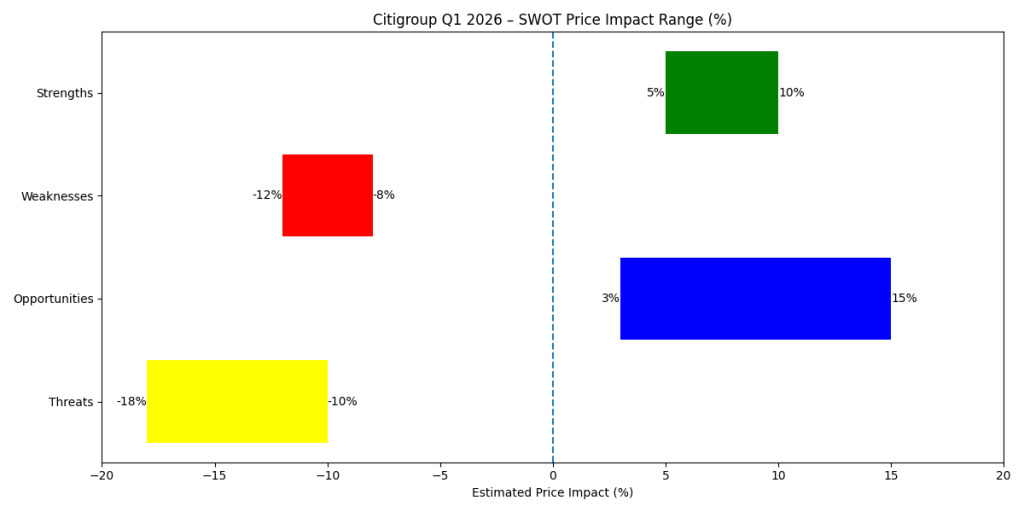 Citigroup Q1 2026 SWOT analysis chart showing estimated stock price impact ranges: strengths (+5% to +10%) and opportunities (+3% to +15%) on the positive side, and weaknesses (−12% to −8%) and threats (−18% to −10%) on the negative side, with a zero reference line.