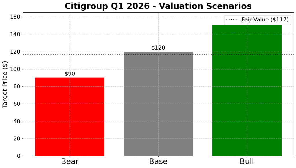 Citigroup Q1 2026 valuation scenarios chart showing bear case at $90, base case at $120, and bull case at $150, with a probability-weighted fair value line at $117.