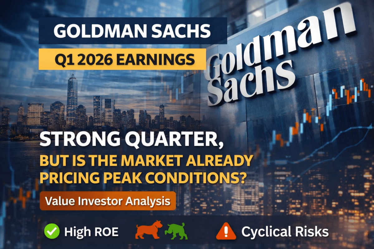 Goldman Sachs Q1 2026 earnings analysis infographic showing revenue of $17.23B, EPS of $17.55, ROE of 19.8%, SWOT price impact ranges, and valuation scenarios with fair value around $906.