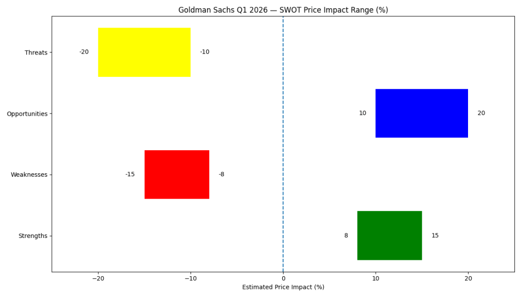 Goldman Sachs Q1 2026 SWOT chart showing estimated stock price impact ranges: strengths +8% to +15%, opportunities +10% to +20%, weaknesses -8% to -15%, and threats -10% to -20%, with a central zero baseline.