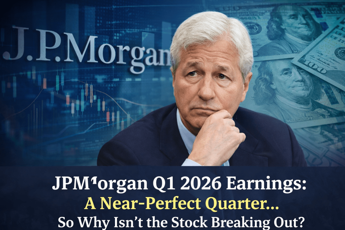 Feature image showing JPMorgan CEO with financial charts and US dollar background, highlighting Q1 2026 earnings analysis and questioning whether the stock can break out despite strong performance.