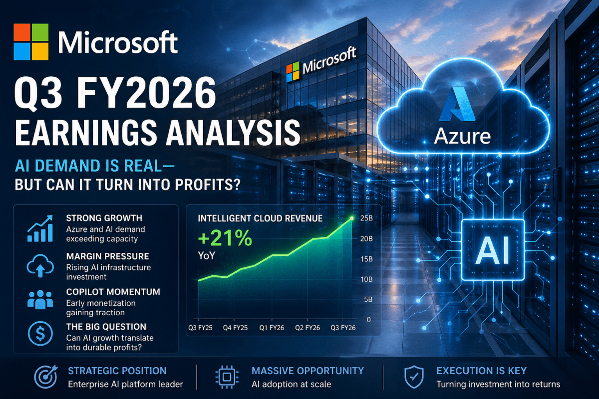 Microsoft Q3 FY2026 earnings analysis featuring Azure cloud growth, AI demand, and margin pressure from infrastructure investment
