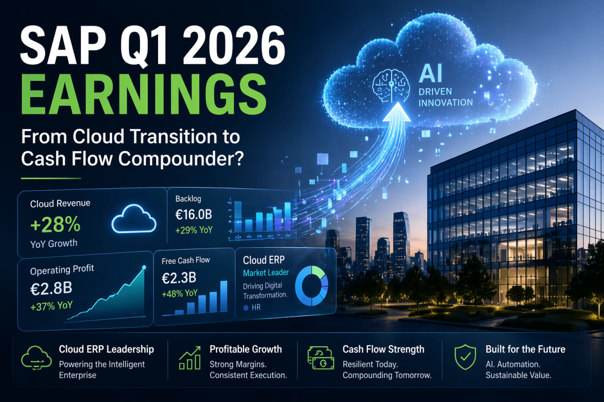 SAP Q1 2026 earnings feature image showing cloud growth, AI-driven enterprise systems, and transition toward cash flow compounding