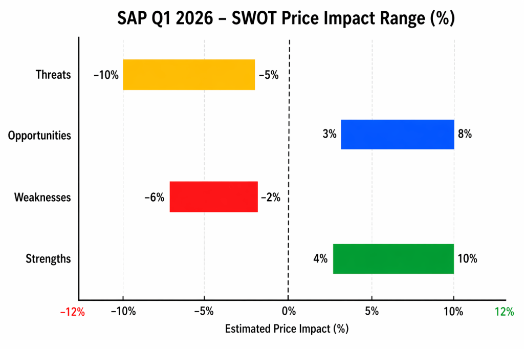 SAP Q1 2026 SWOT price impact range chart showing upside from backlog and ERP growth versus downside from normalization risks