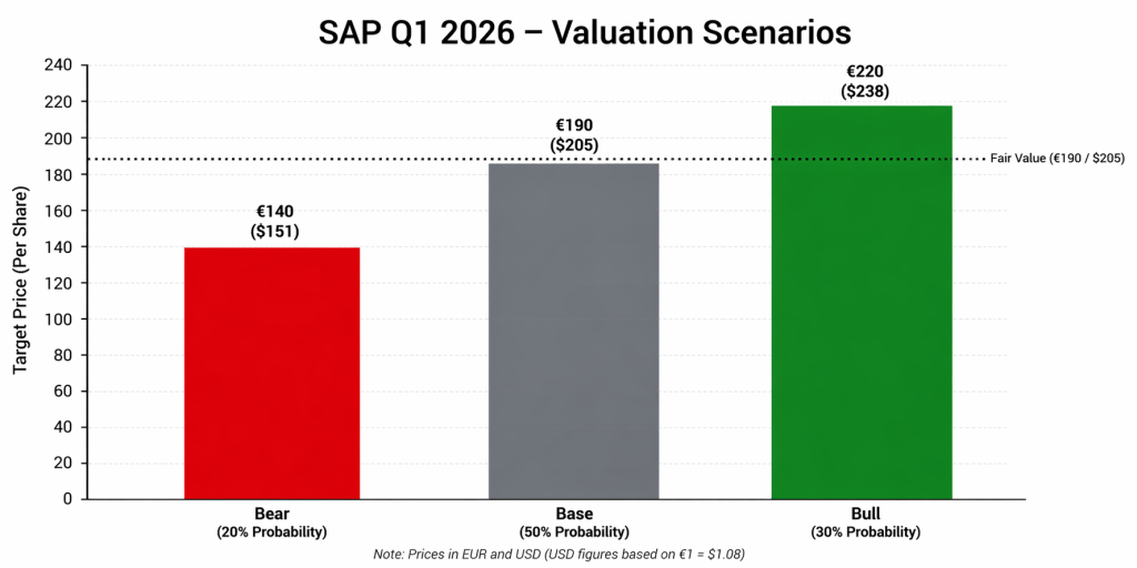 SAP Q1 2026 valuation scenarios chart showing bear, base, and bull case price targets in euros and US dollars with probability weighting and fair value reference
