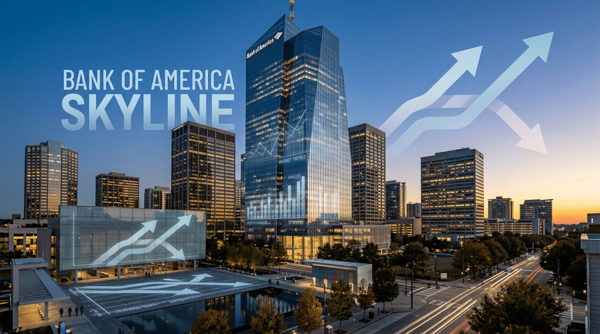 Bank of America skyscraper with financial growth arrows and charts overlaid