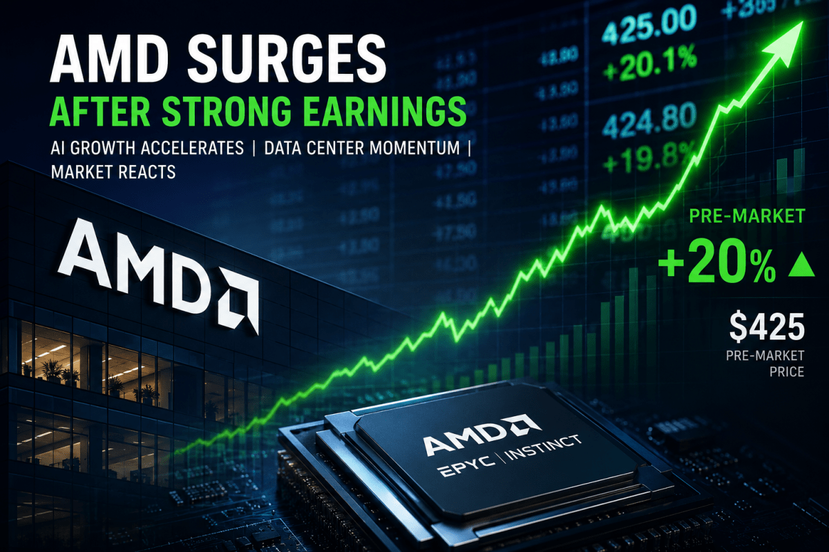 AMD stock surges after Q1 2026 earnings with strong AI data center growth driving a sharp pre-market price increase