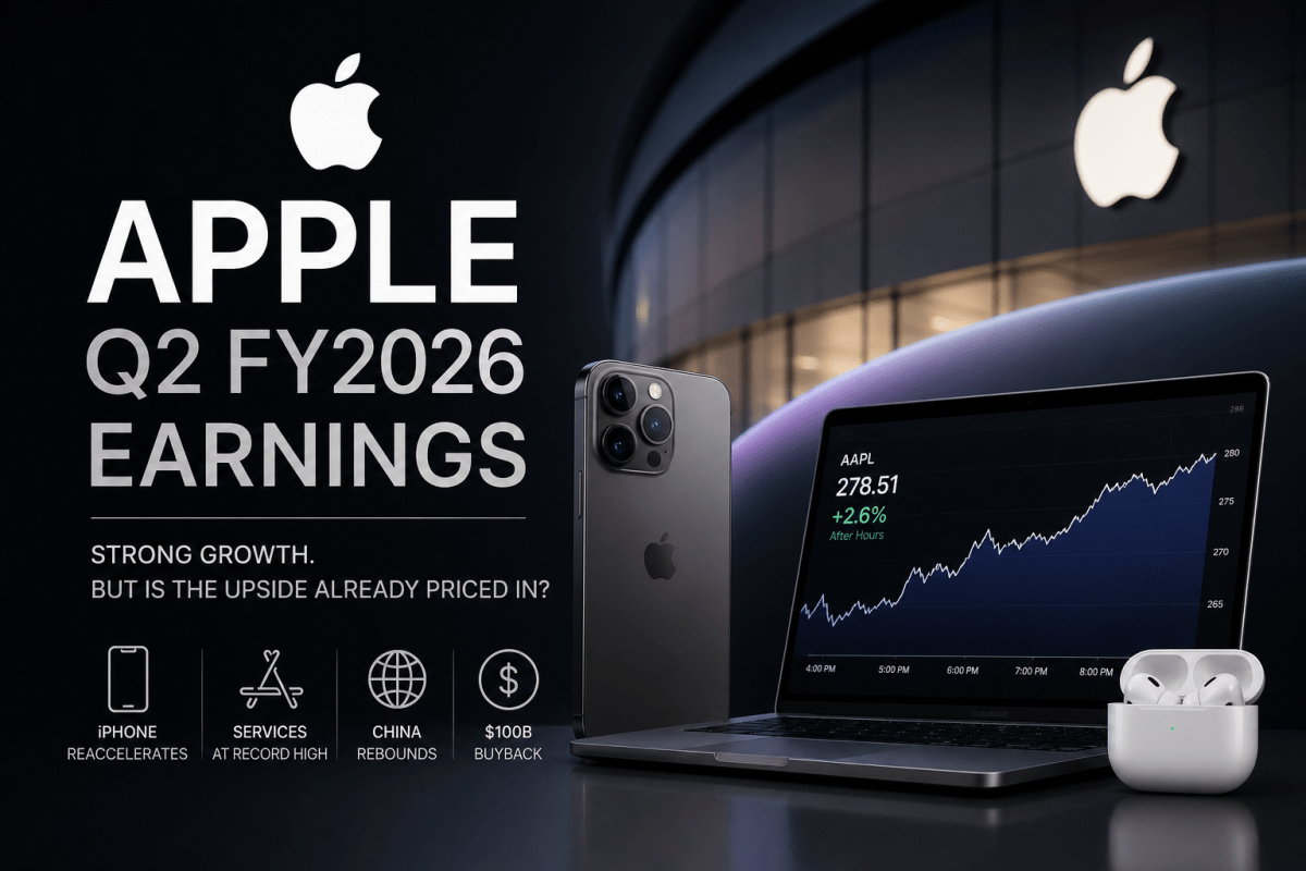 Apple Q2 2026 earnings analysis showing stock price at 278.51 after hours with growth driven by iPhone, Services, and China recovery, alongside valuation concerns