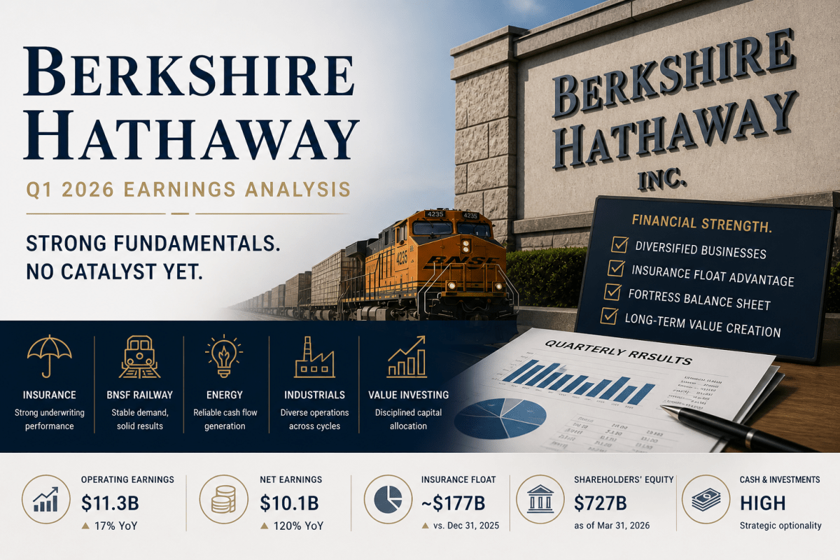 Berkshire Hathaway Q1 2026 earnings analysis showing diversified businesses including insurance, BNSF railway, energy, and financial strength metrics in a professional institutional style