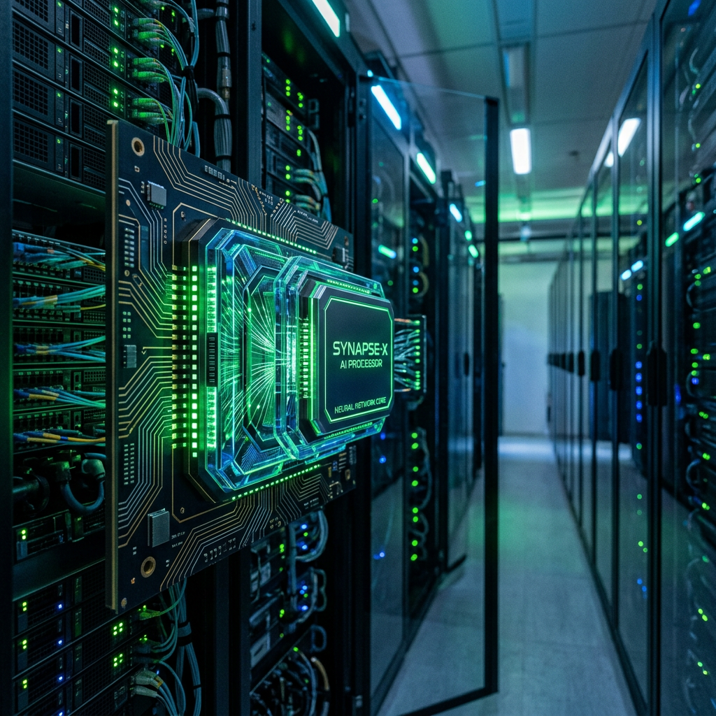 SYNAPSE-X AI processor embedded in a server rack with green circuit lights in a data center corridor