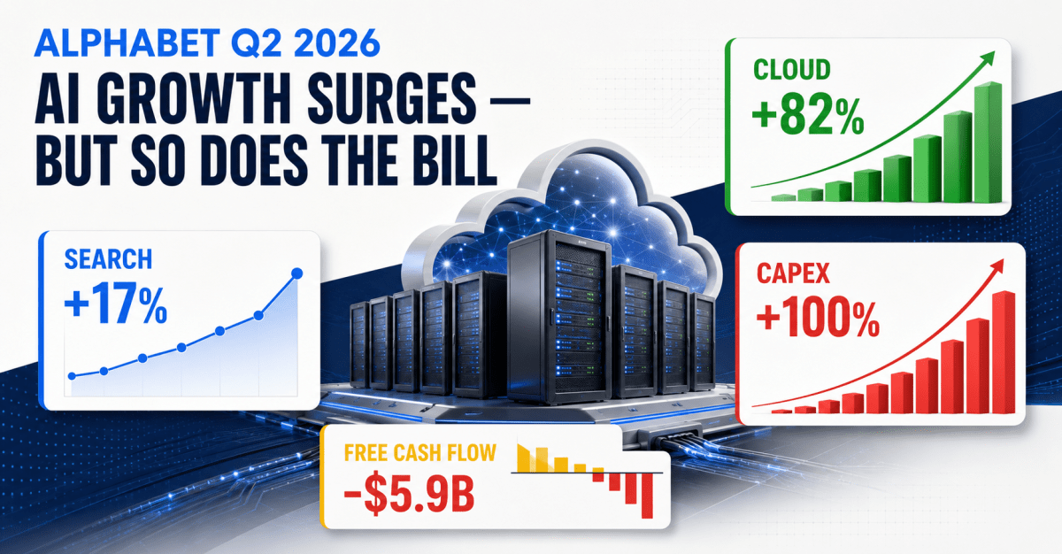 Alphabet Q2 2026 infographic showing strong Search and Google Cloud growth contrasted with rising AI capital expenditure and negative free cash flow.