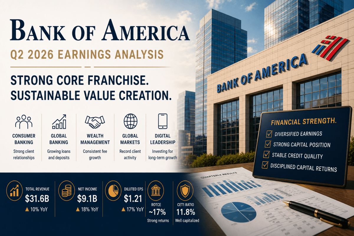 Bank of America Q2 2026 earnings analysis feature image showing the Bank of America headquarters, key financial highlights, diversified banking businesses, and SWOTstock’s independent valuation approach based on official company disclosures.