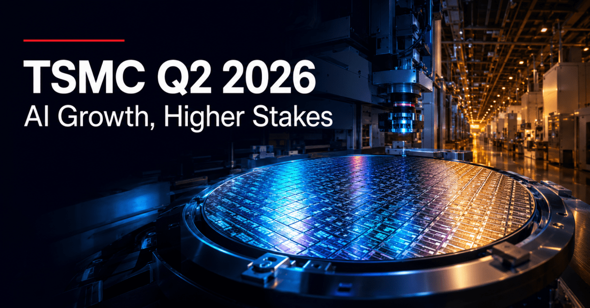 TSMC Q2 2026 earnings analysis featuring a semiconductor wafer inside an advanced chip fabrication facility.