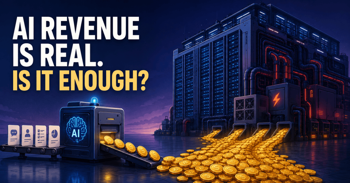 Editorial illustration of an AI application producing a small stream of revenue coins beside a massive data center consuming substantially more capital.