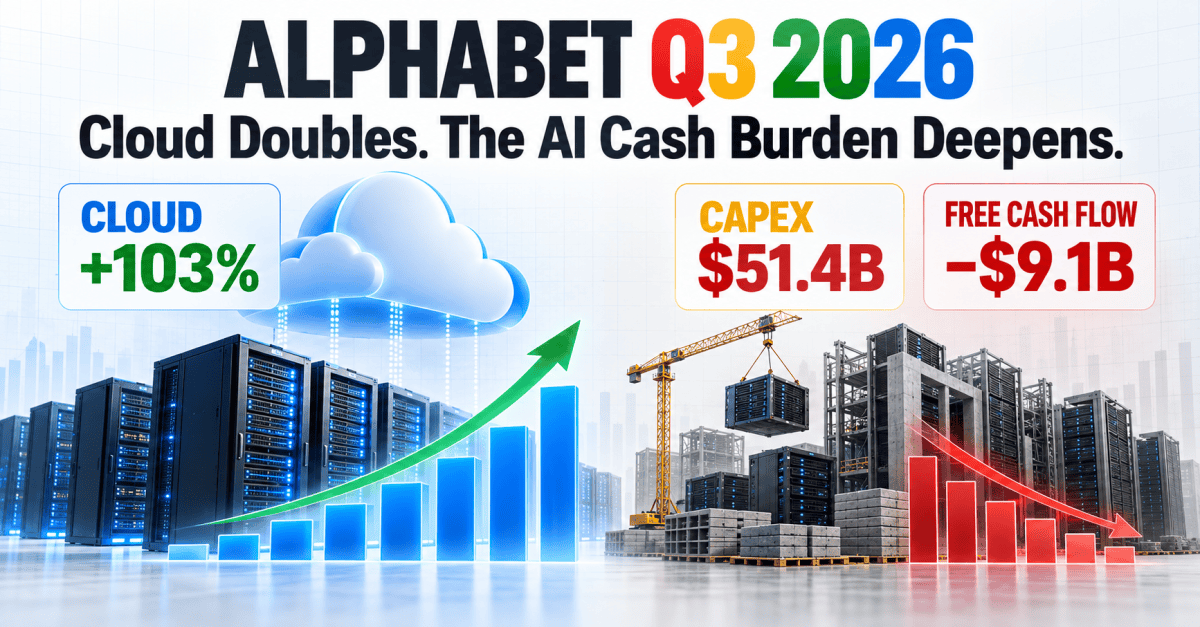 Alphabet Q3 2026 infographic showing 103% Google Cloud growth alongside $51.4 billion in capital expenditure and negative $9.1 billion in free cash flow.