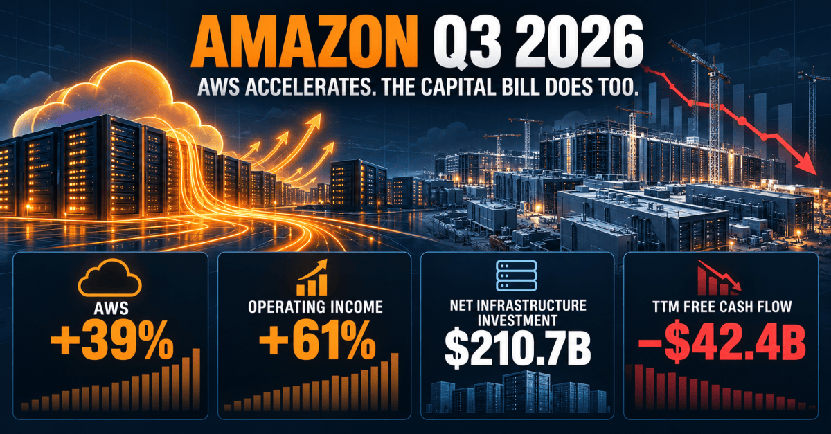 Amazon Q3 2026 infographic showing 39% AWS growth, 61% operating-income growth, $210.7 billion in net infrastructure investment and negative $42.4 billion in trailing free cash flow.