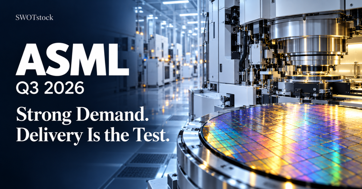 Illustration of semiconductor lithography equipment and a silicon wafer, titled “ASML Q3 2026: Strong Demand. Delivery Is the Test.”