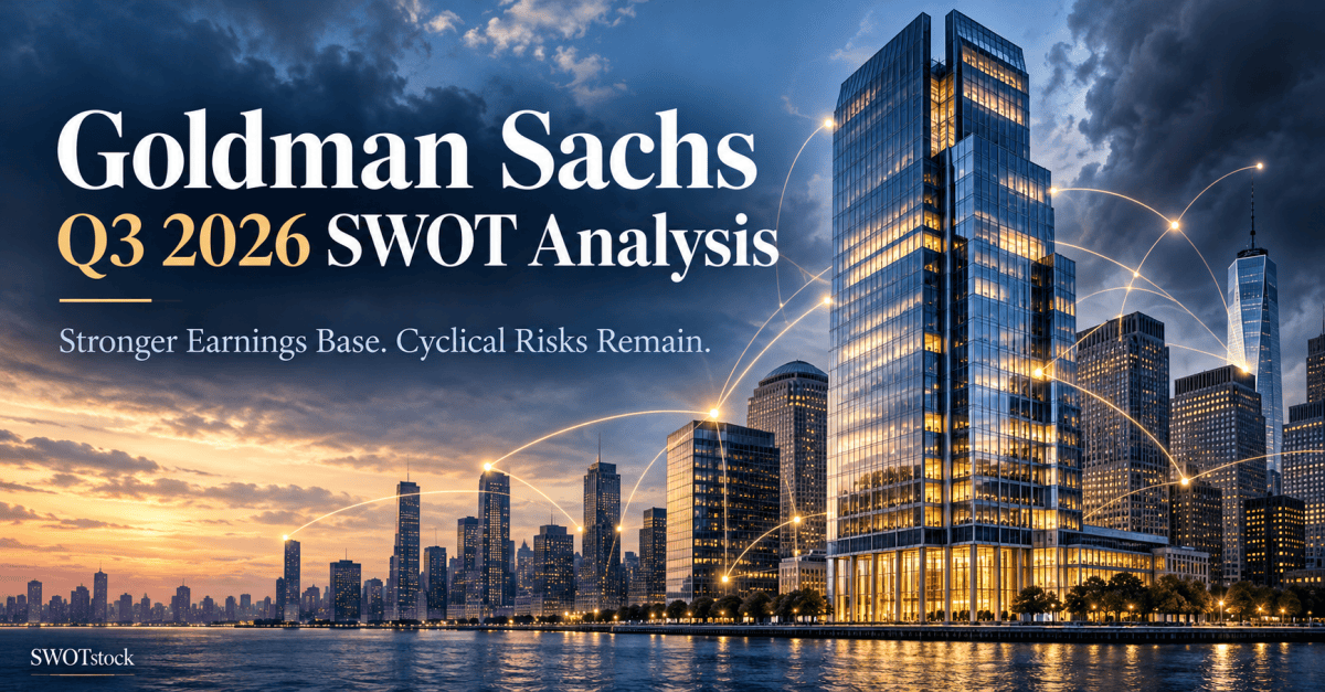 Goldman Sachs Q3 2026 SWOT analysis illustration featuring waterfront financial buildings and connecting golden lines beneath a cloudy sky.