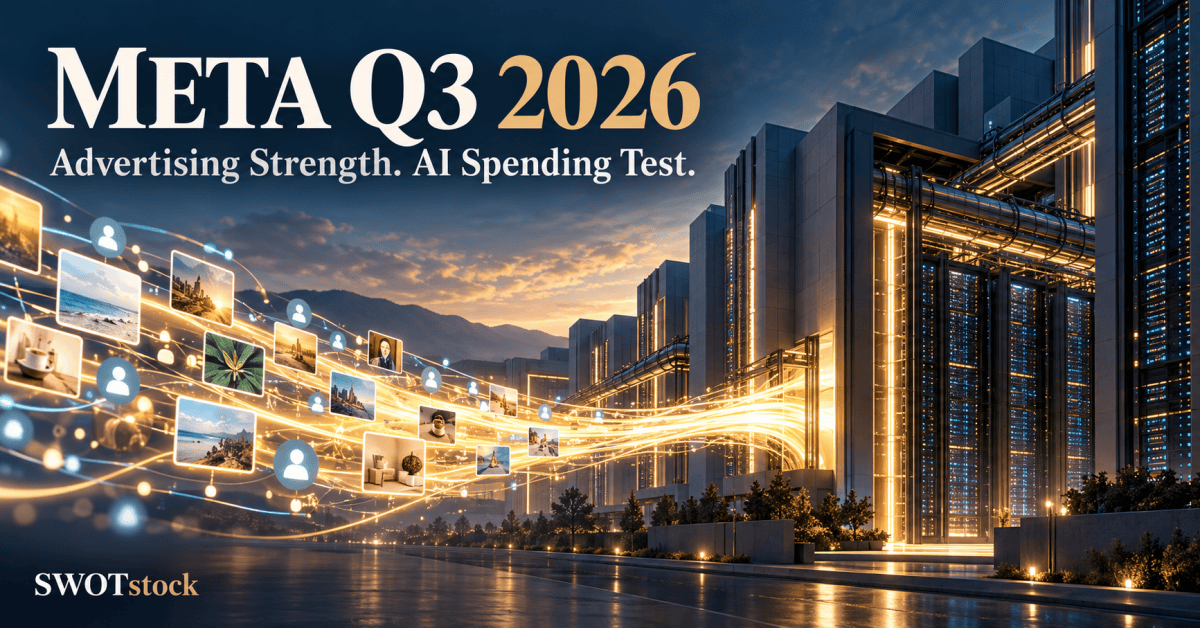 Meta Q3 2026 editorial illustration showing digital advertising content flowing into AI data centers, with the headline “Advertising Strength. AI Spending Test.”
