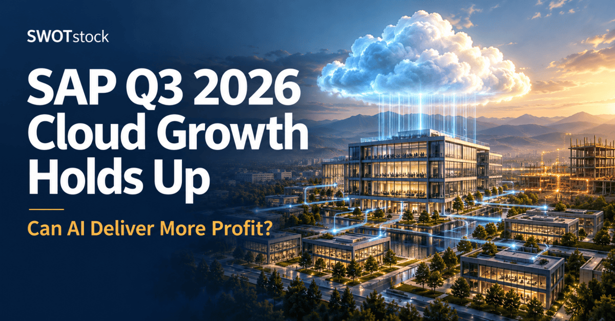 SAP Q3 2026 earnings illustration showing a glowing cloud above connected office buildings, with the headline “Cloud Growth Holds Up” and a question about AI profitability.