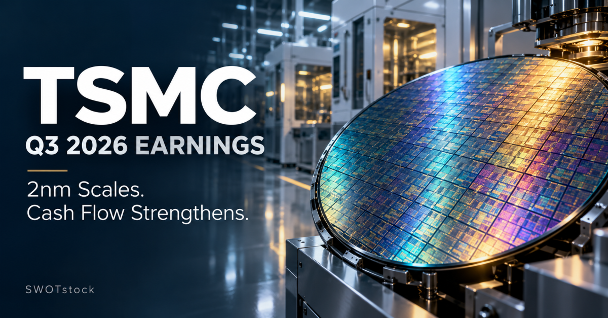 Silicon wafer inside a semiconductor fabrication facility, illustrating TSMC’s Q3 2026 earnings, 2nm expansion and stronger cash flow.